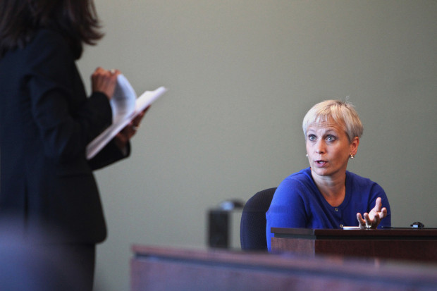 090514 Woburn, MA- Dr. Alice Newton, right, is cross examined by attorney Melinda Thompson in which Newton described the abusive head trauma Rehma Sabir indured allegedly at the hands of her nanny Aisling Brady McCarthy during Friday's hearing at Middlesex Superior Court in Woburn Friday, Sept. 5, 2014. Herald Photo By Jacob Belcher